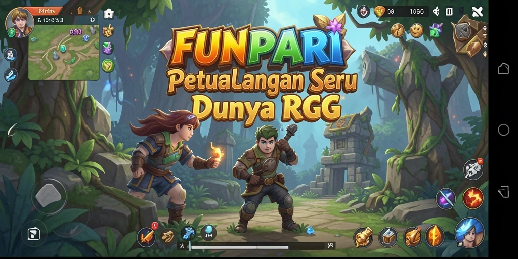 Tangkapan layar utama dari FUNPARI menampilkan aksi seru dalam petualangan RPG.