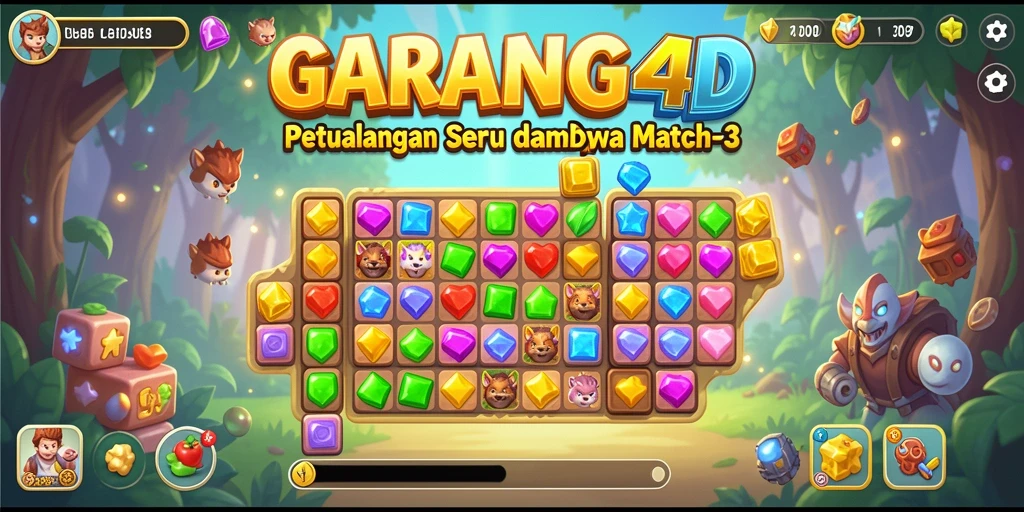 Tampilan gameplay seru GARANG4D dengan elemen Match-3 yang menarik.
