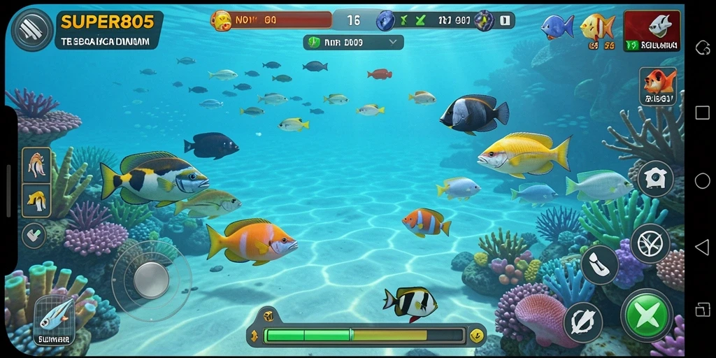 Screenshot gameplay SUPER805 menampilkan aksi seru menembak ikan.