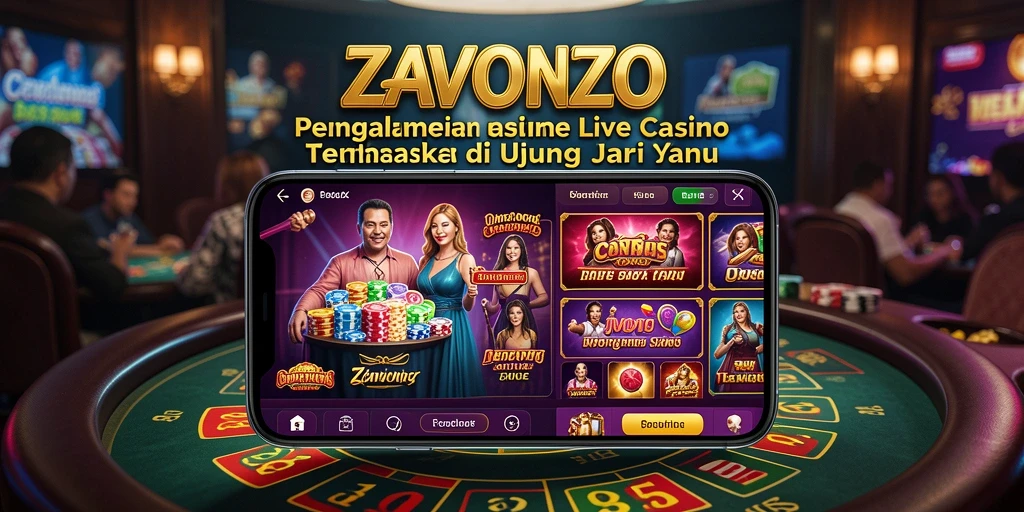 Tampilan screenshot ZAVONZO menunjukkan dealer live dan suasana permainan yang seru.